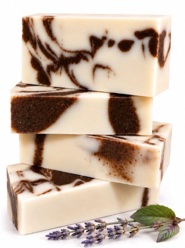 Four stacked rectangular bars of soap with a cream base and dark brown marbled swirls, arranged on a white background with a small sprig of lavender and green leaves at the base.