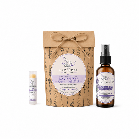 Lavender Bliss bath/spa product set including a kraft paper gift bag, an amber spray bottle, and a lip balm tube on a white background.