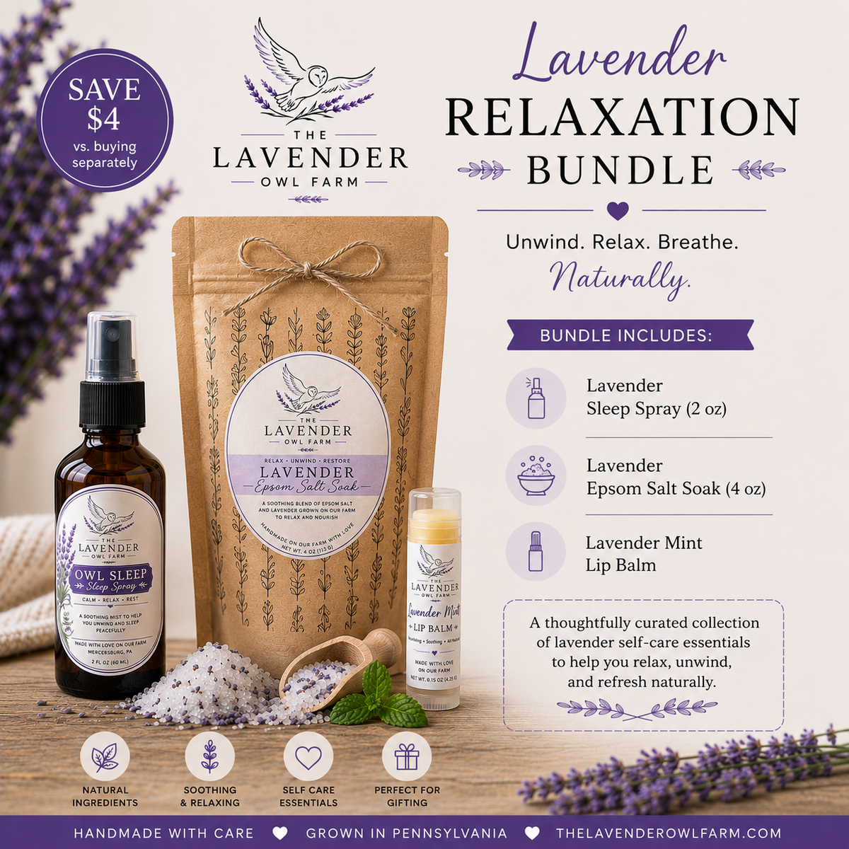 Lavender Relaxation Bundle | Sleep Spray, Epsom Salt & Lip Balm