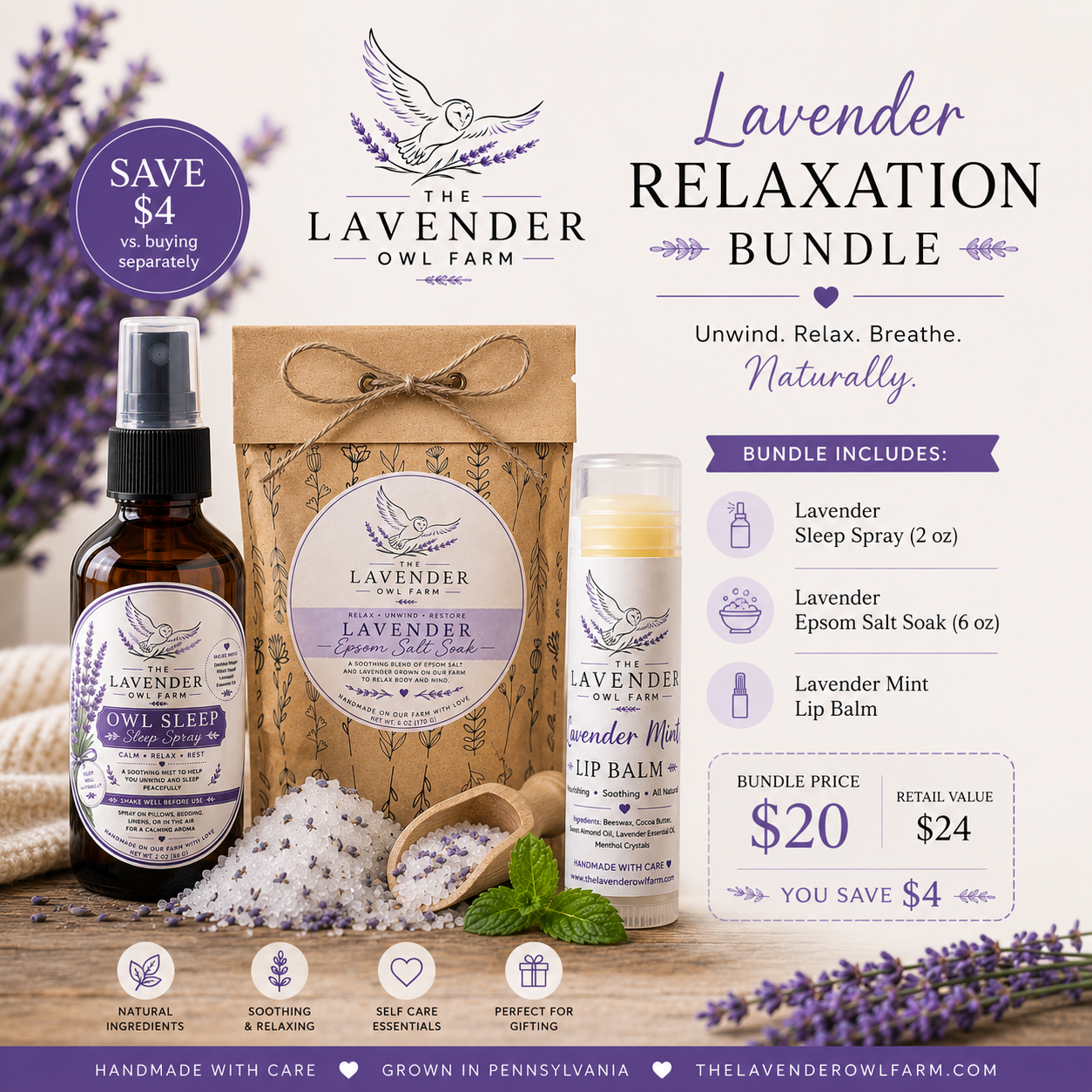 Lavender Relaxation Bundle | Sleep Spray, Epsom Salt & Lip Balm